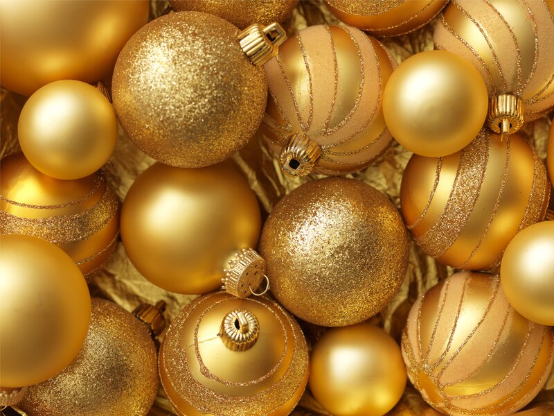Gold Christmas Ornaments — Festive, Photograph, Glitter, Ribbons