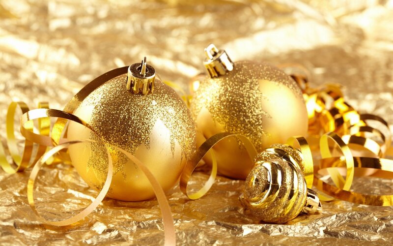 Gold Christmas Ornaments — Festive, Photograph, Ribbons, Glitter, Foil