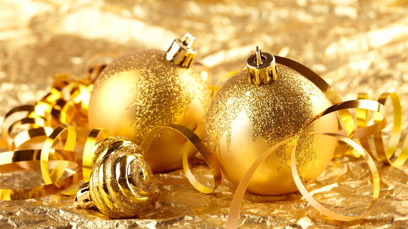Gold Christmas Ornaments — Festive, Photograph, Ribbons, Glitter