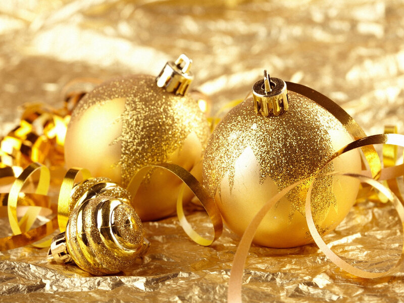 Gold Christmas Ornaments — Festive, Photograph, Ribbons