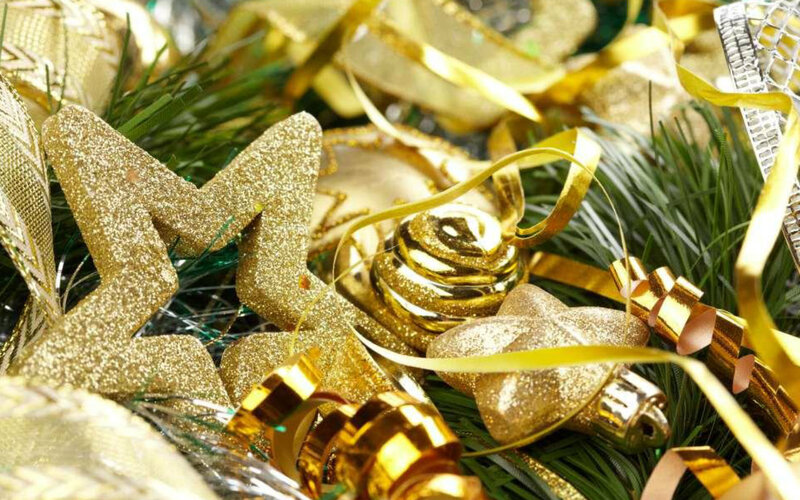 Gold Christmas Ornaments — Festive, Photograph, Stars