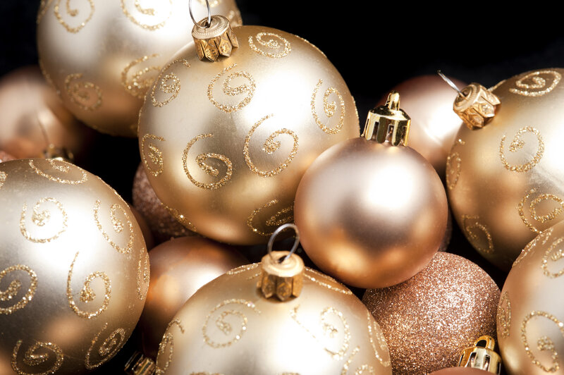 Gold Christmas Ornaments — Festive, Photograph, Swirls