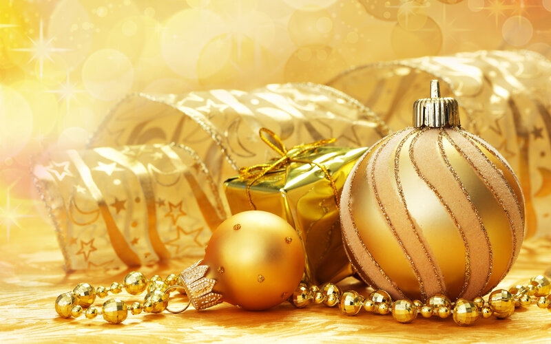 Gold Christmas Ornaments — Festive, Winter, Photograph, Gift Box, Beads