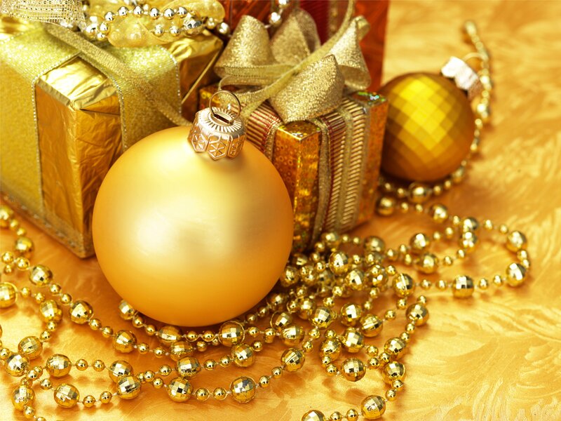 Gold Christmas Ornaments — Festive, Winter, Photograph, Gifts, Beads