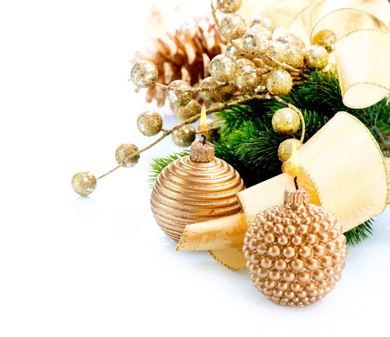 Gold Christmas Ornaments — Festive, Winter, Photograph, Pine Branches, Ribbon