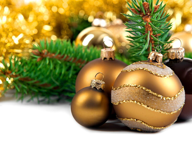 Gold Christmas Ornaments — Festive, Winter, Photograph, Pine Branches, Tinsel