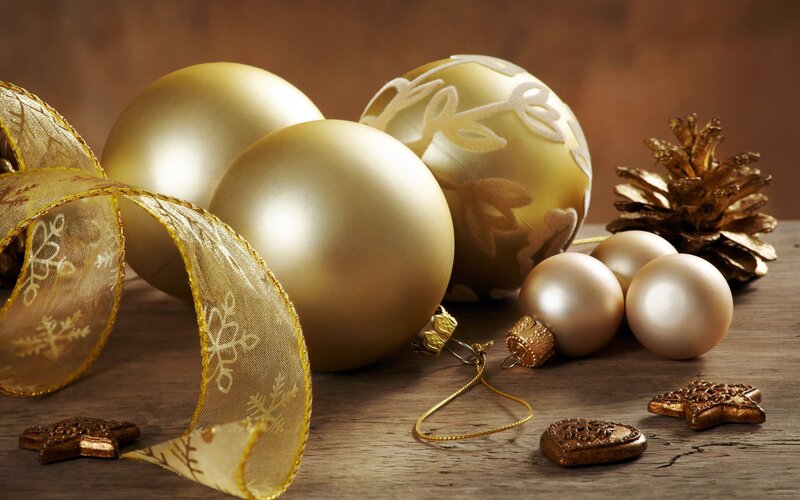 Gold Christmas Ornaments — Festive, Winter, Photograph, Pinecone, Ribbon