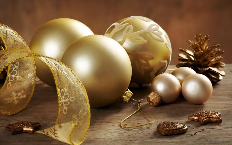 Gold Christmas Ornaments — Festive, Winter, Photograph, Ribbons, Pinecone