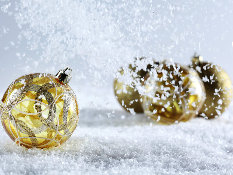 Gold Christmas Ornaments — Festive, Winter, Photograph, Snow