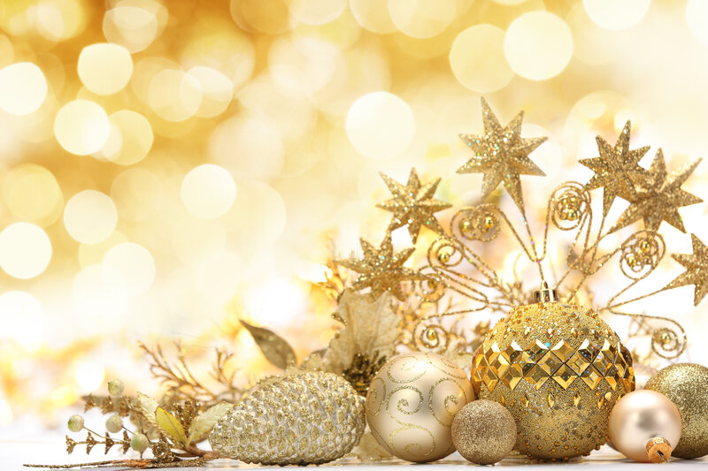 Gold Christmas Ornaments — Festive, Winter, Photograph, Stars, Pinecone