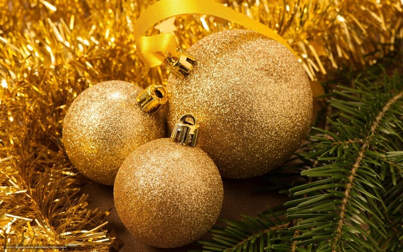 Gold Christmas Ornaments — Festive, Winter, Photograph, Tinsel, Pine Branches
