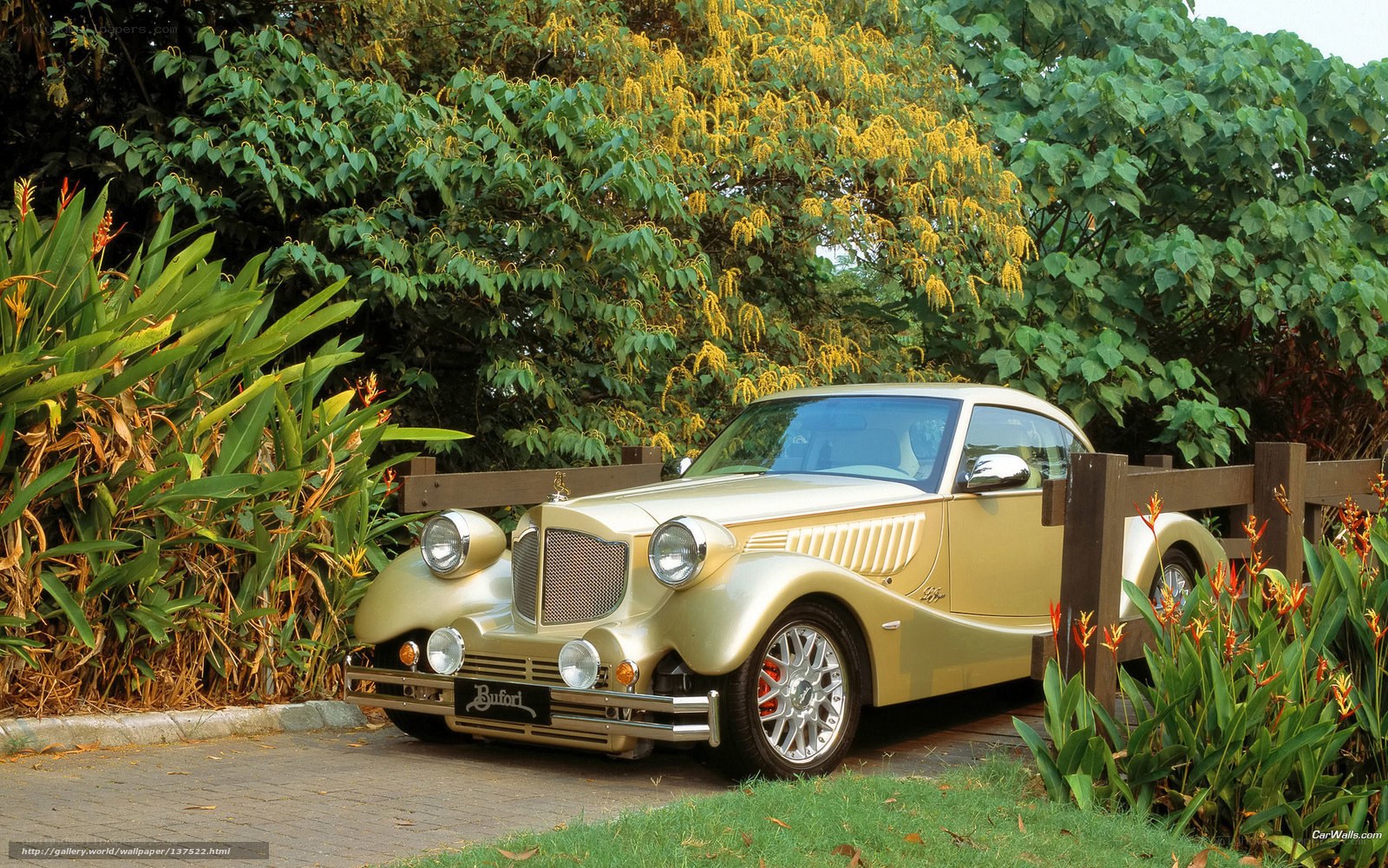Gold classic car in garden
