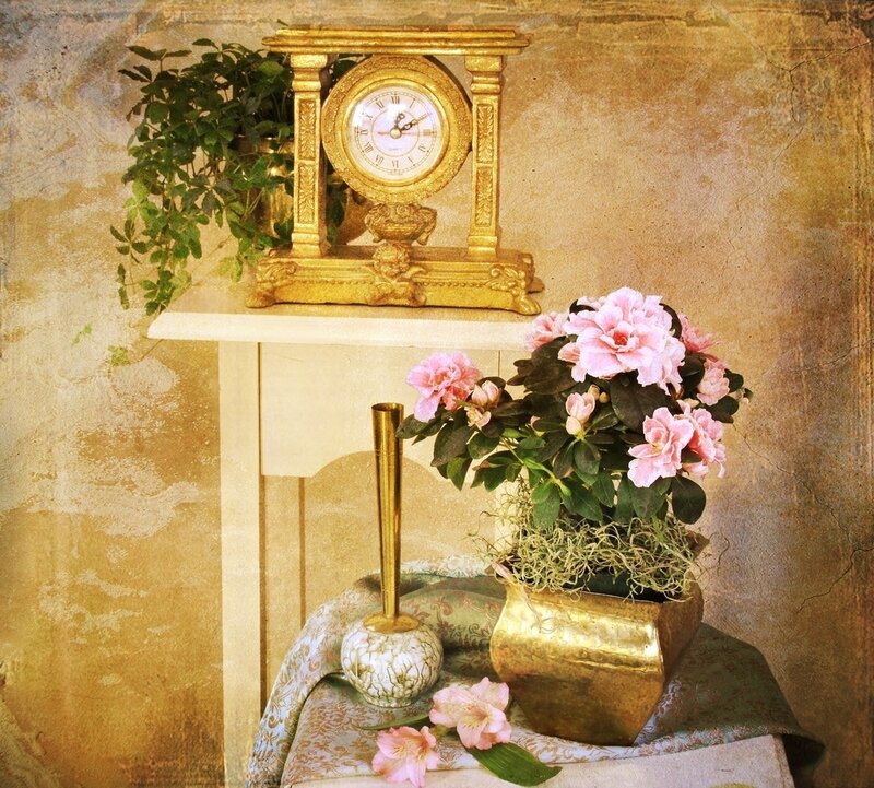 Gold Clock and Flowers