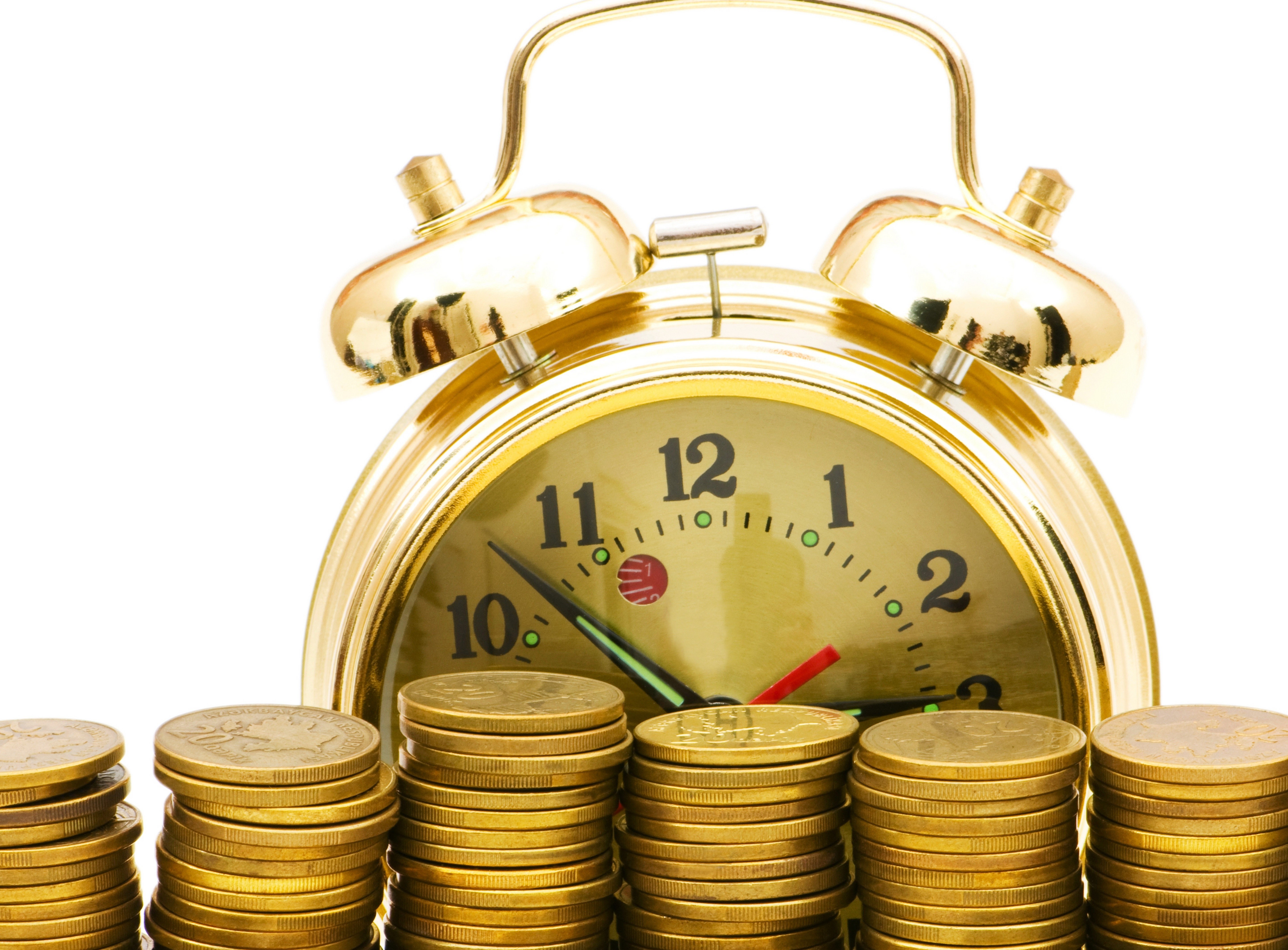 gold coins and alarm clock