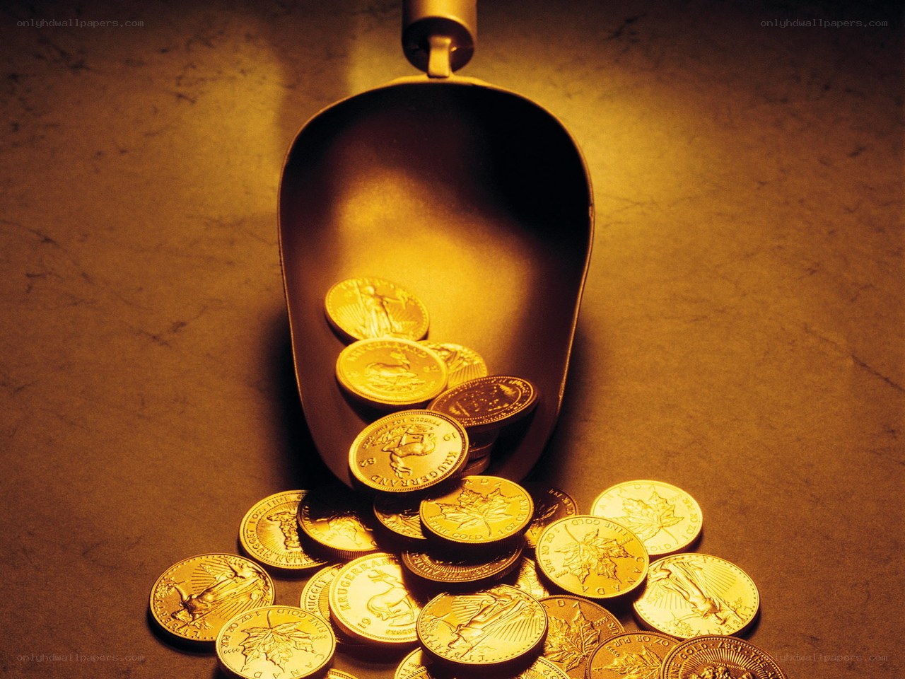 gold coins in a scoop