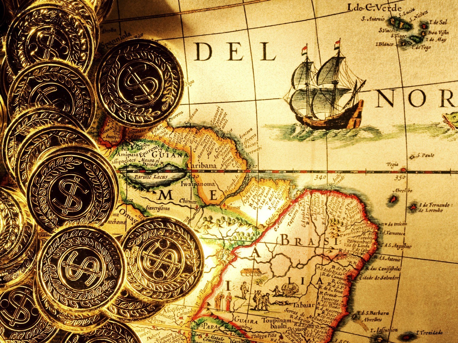 Gold coins on old map