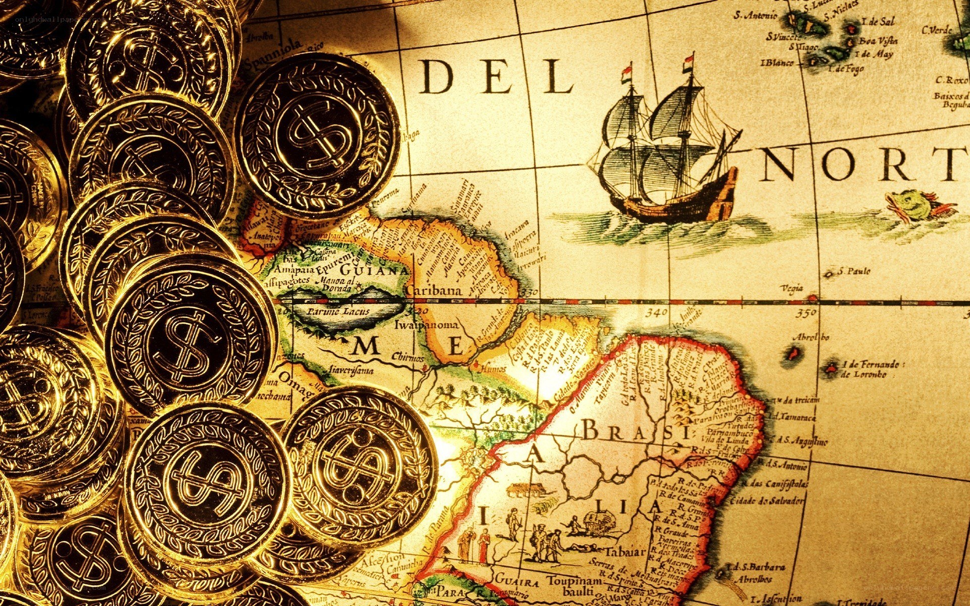 gold coins on old map