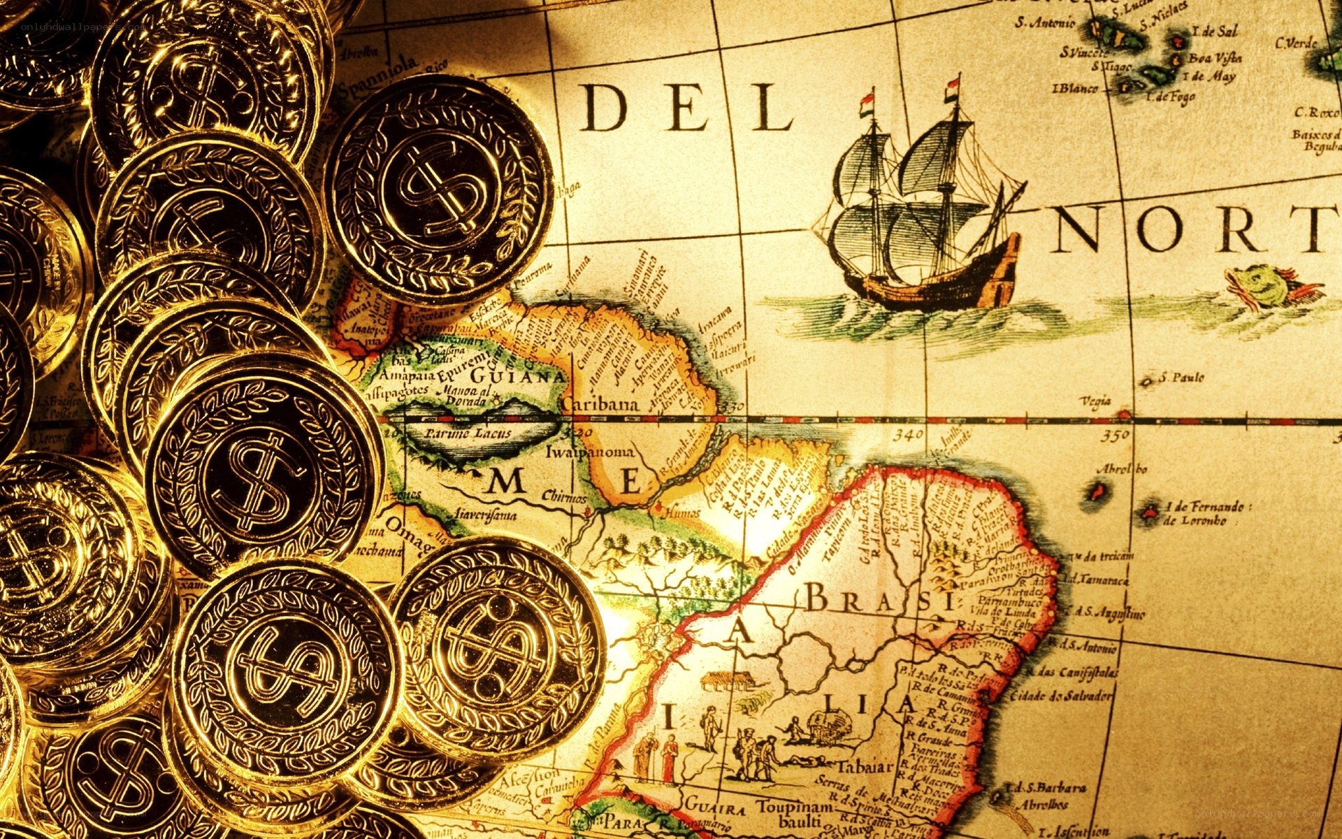 gold coins on old map