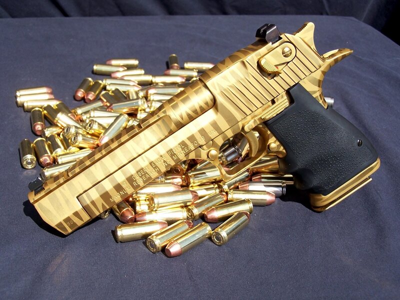 Gold-colored Pistol with Bullets — Gold, Dramatic, Photograph