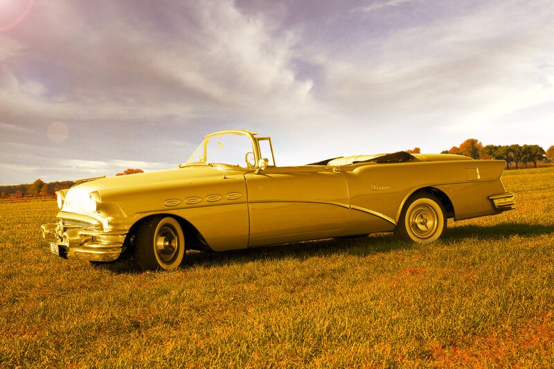 Gold Convertible Car — Serene, Sunset, Photograph