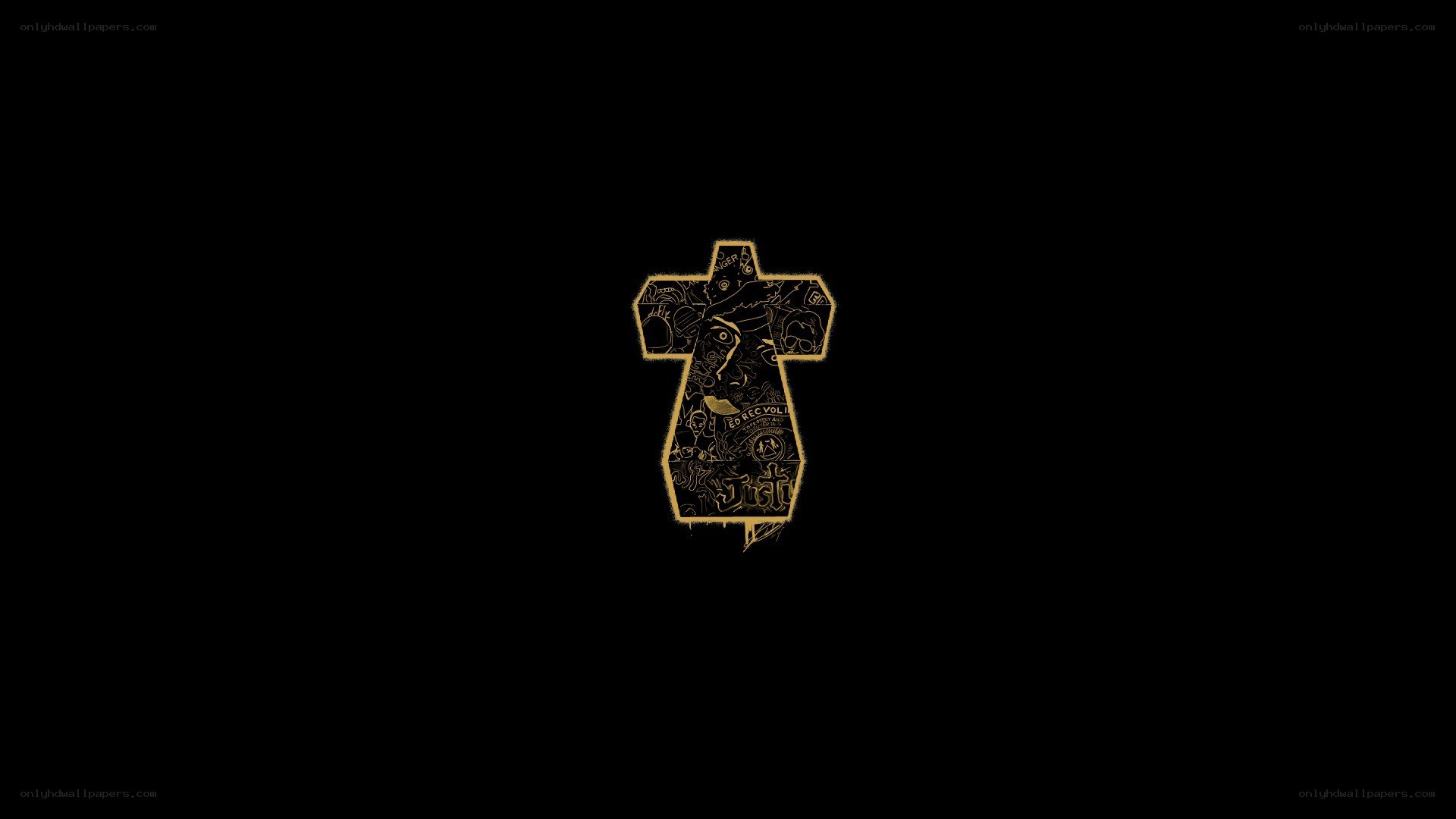 gold cross logo on black