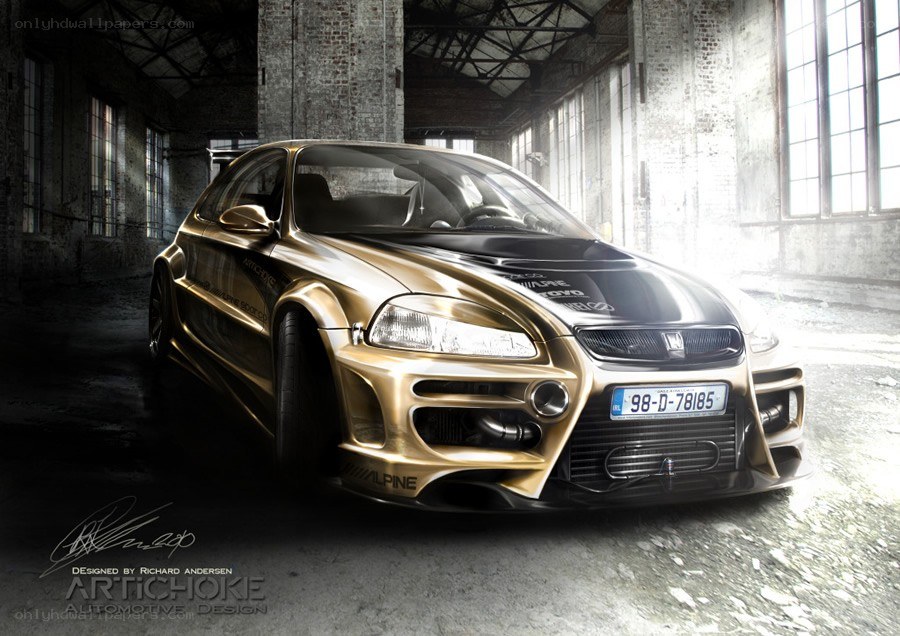 gold custom car in warehouse