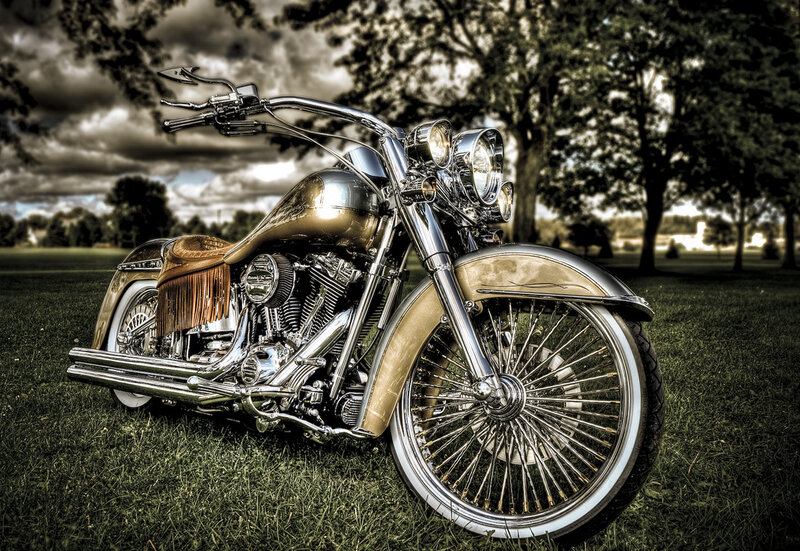 Gold custom motorcycle on grass