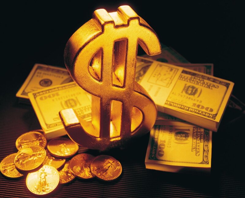 Gold dollar sign with money