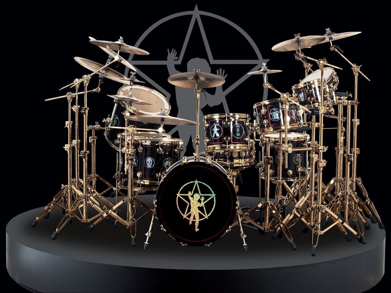 Gold Drum Set — Black, Dramatic, Photograph, Drum Kit