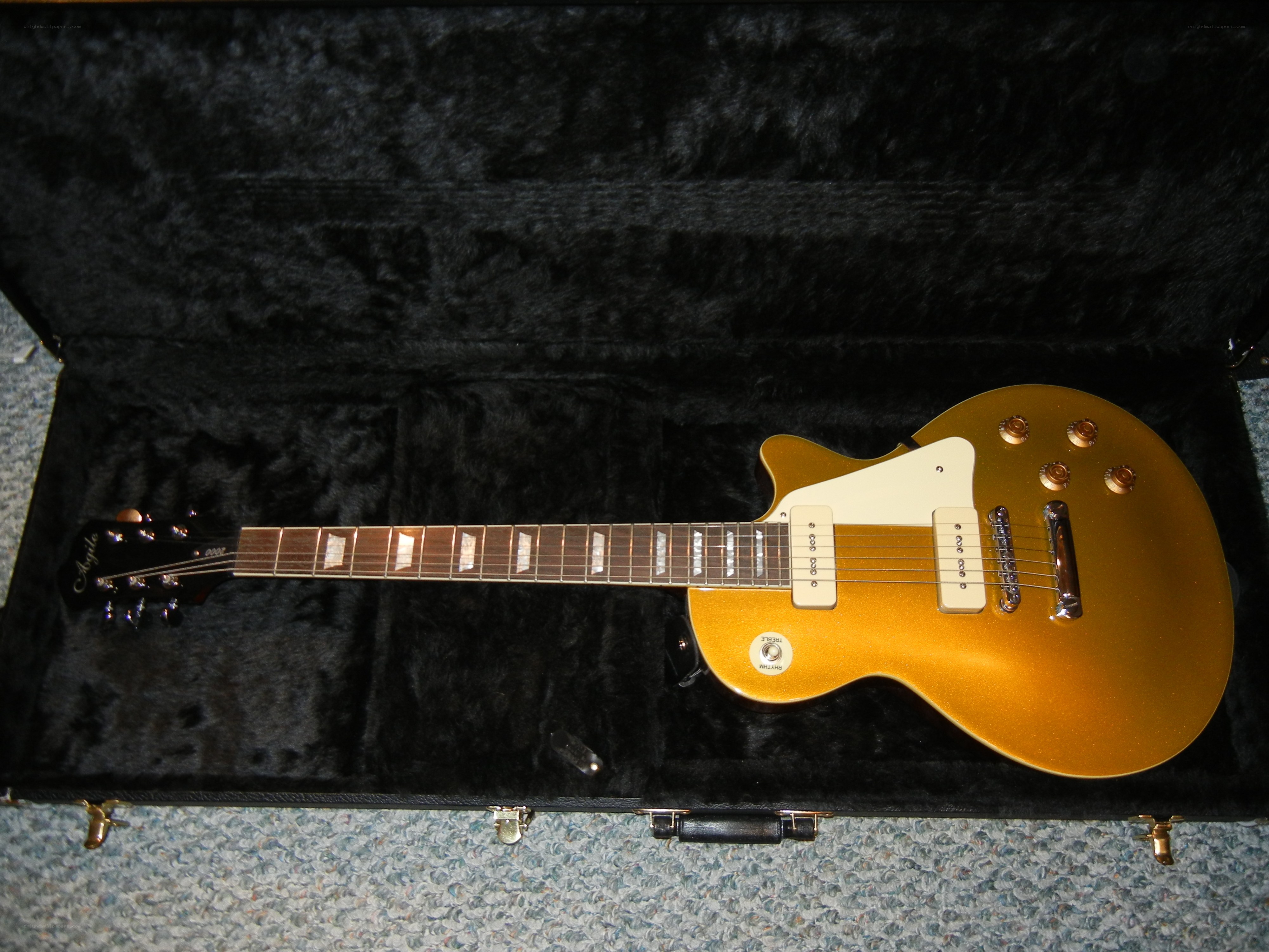 gold electric guitar in case