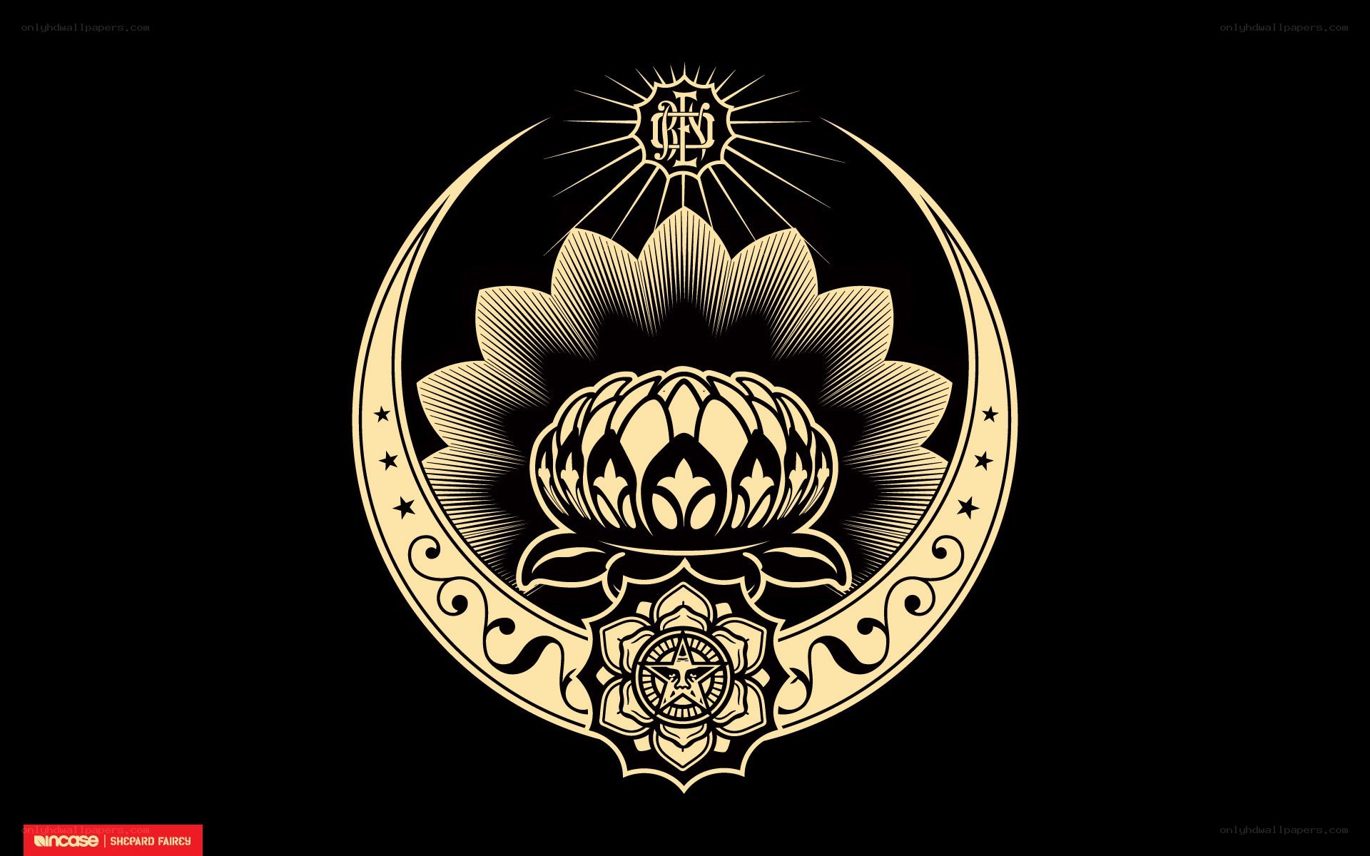 gold emblem with lotus and moon