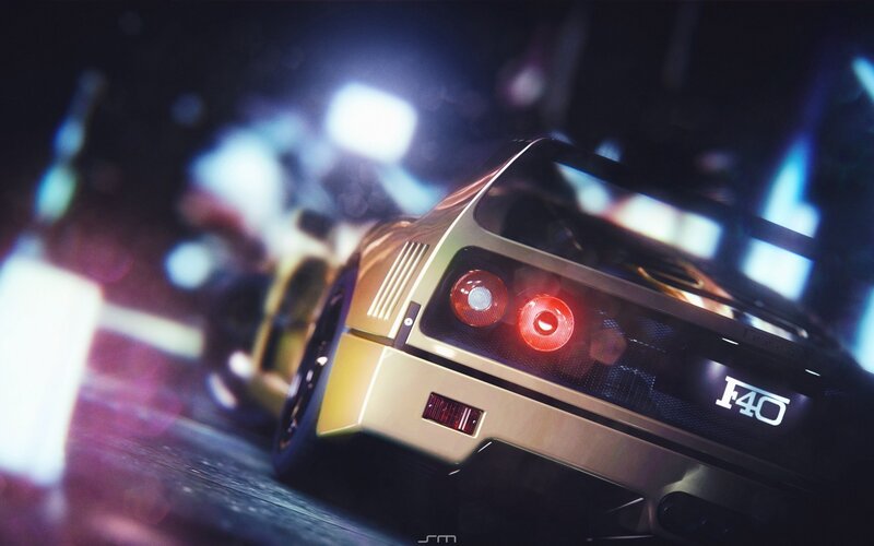 Gold Ferrari F40 — Dramatic, Night, Digital Art