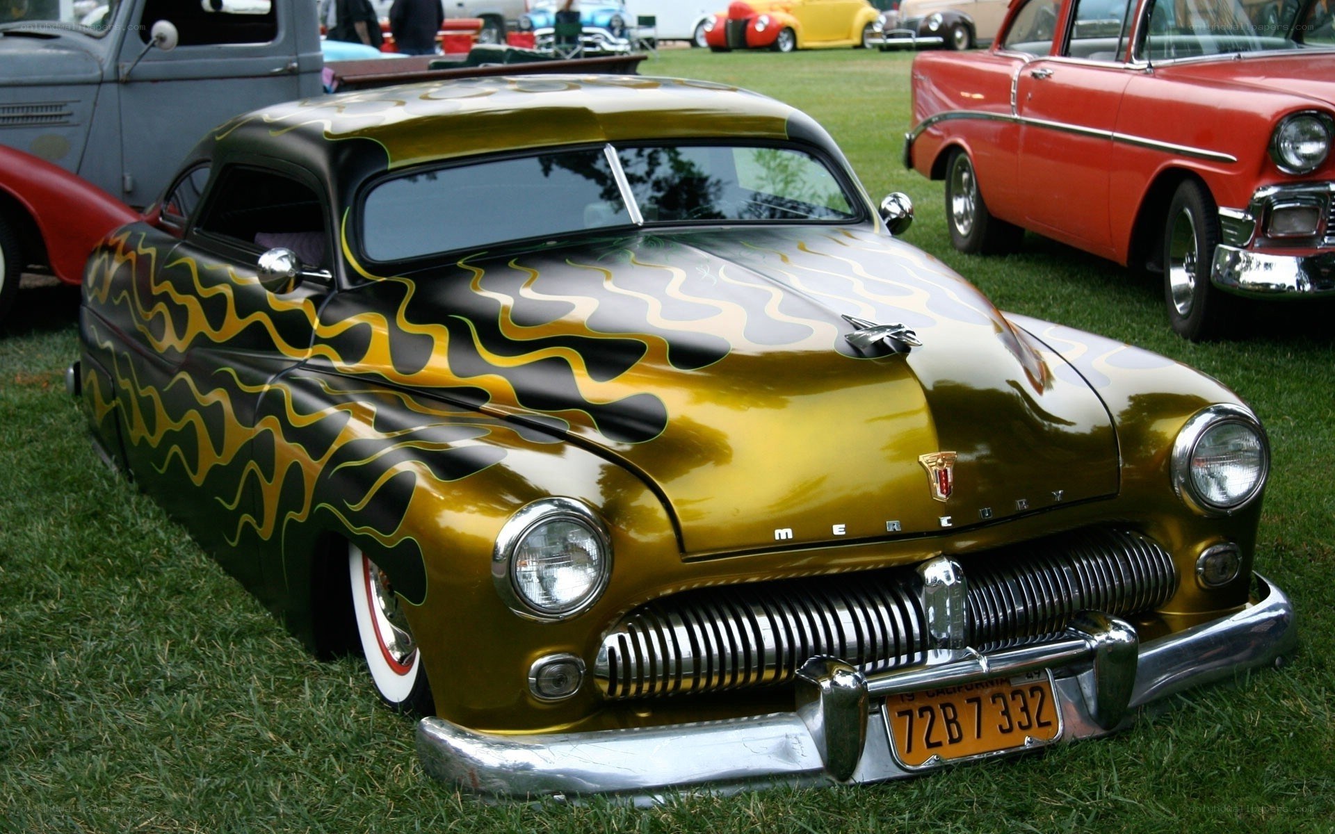Gold flame-painted classic car