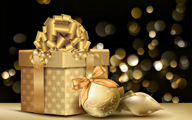 Gold Gift Box and Ornaments — Festive