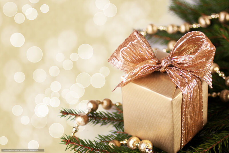 Gold Gift Box with Bow — Festive, Winter, Photograph, Pine Branches, Beads