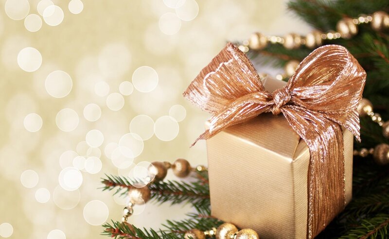 Gold Gift Box with Bow — Festive, Winter, Photograph, Pine Branches