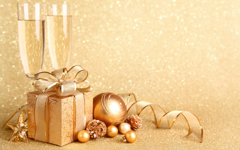 Gold Gift Box with Ornaments — Festive, Photograph, Champagne Glasses