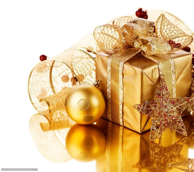 Gold Gift Box with Ornaments — Festive, Winter, Photograph, Ornament