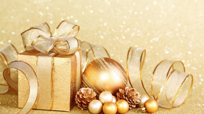 Gold Gift Box with Ornaments — Festive, Winter, Photograph, Pinecones, Ribbon