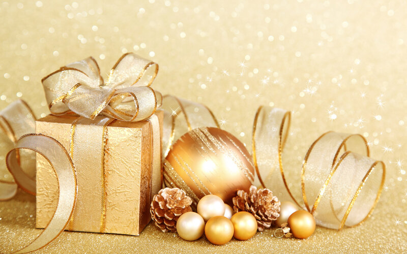 Gold Gift Box with Ornaments — Festive, Winter, Photograph, Pinecones