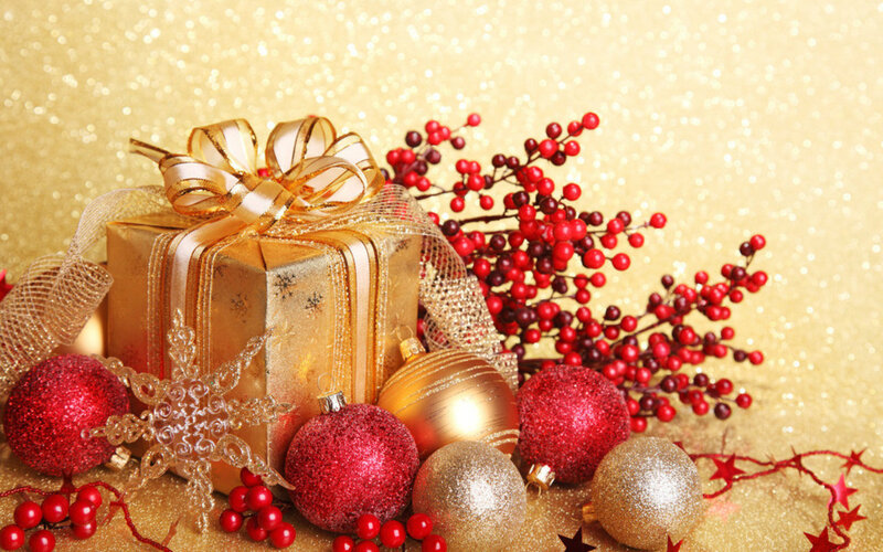Gold Gift Box with Ornaments — Festive, Winter, Photograph, Red Berries