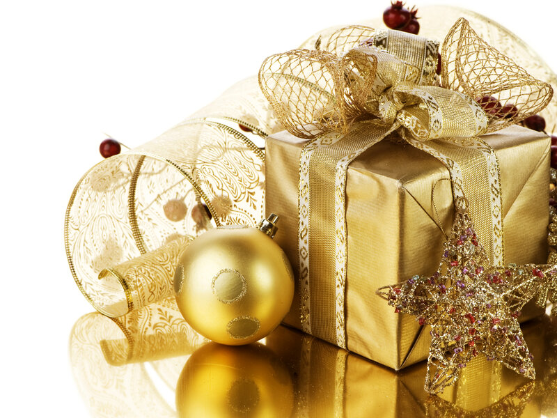 Gold Gift Box with Ornaments — Festive, Winter, Photograph, Ribbon