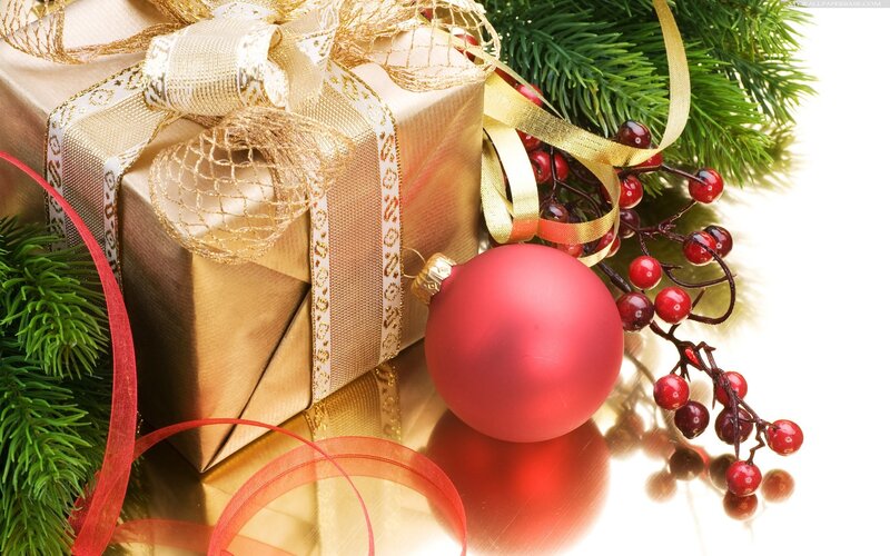 Gold Gift Box with Ornaments — Festive, Winter, Photograph