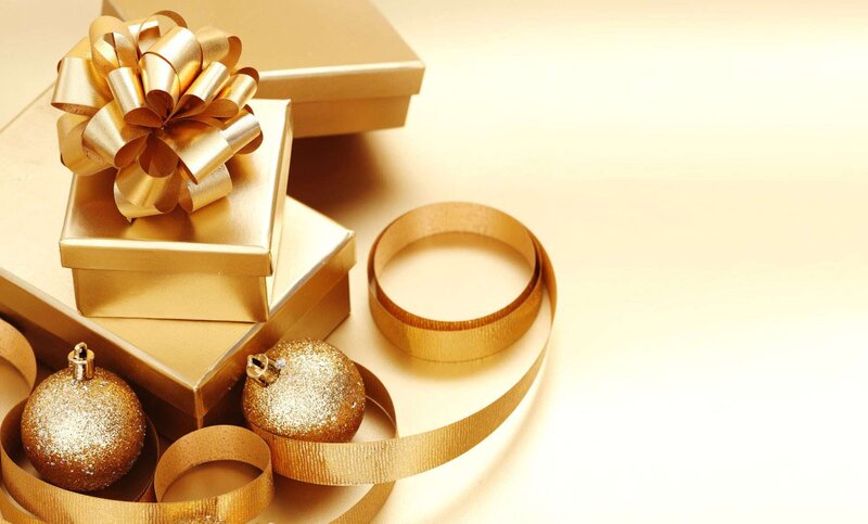 Gold Gift Boxes and Ornaments — Festive, Photograph, Bow