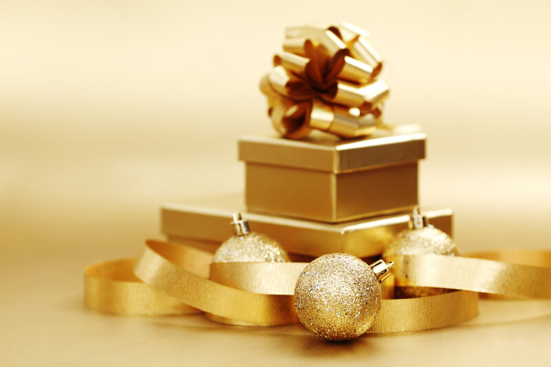 Gold Gift Boxes and Ornaments — Festive, Photograph