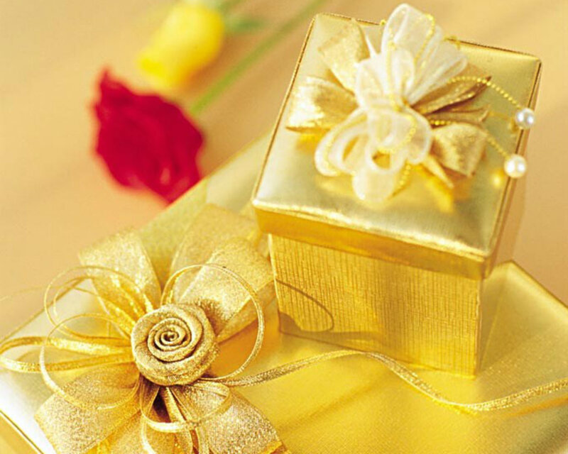 Gold Gift Boxes — Festive, Photograph, Roses