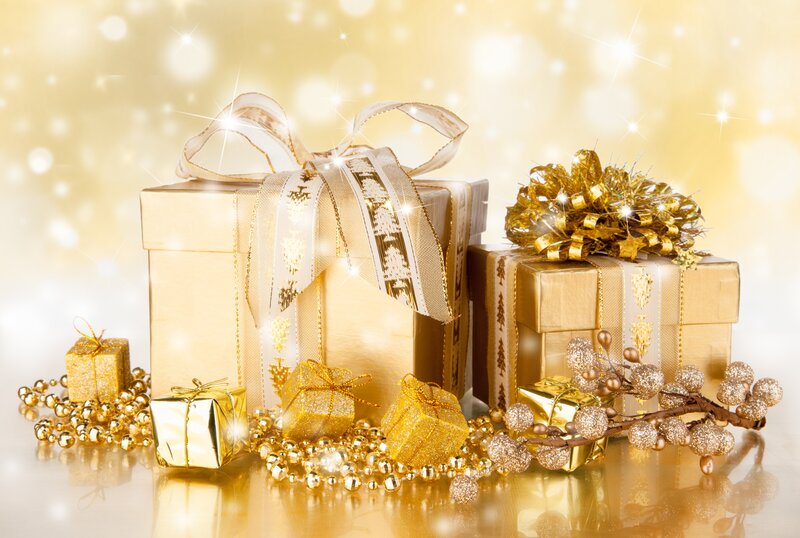 Gold Gift Boxes — Festive, Photograph