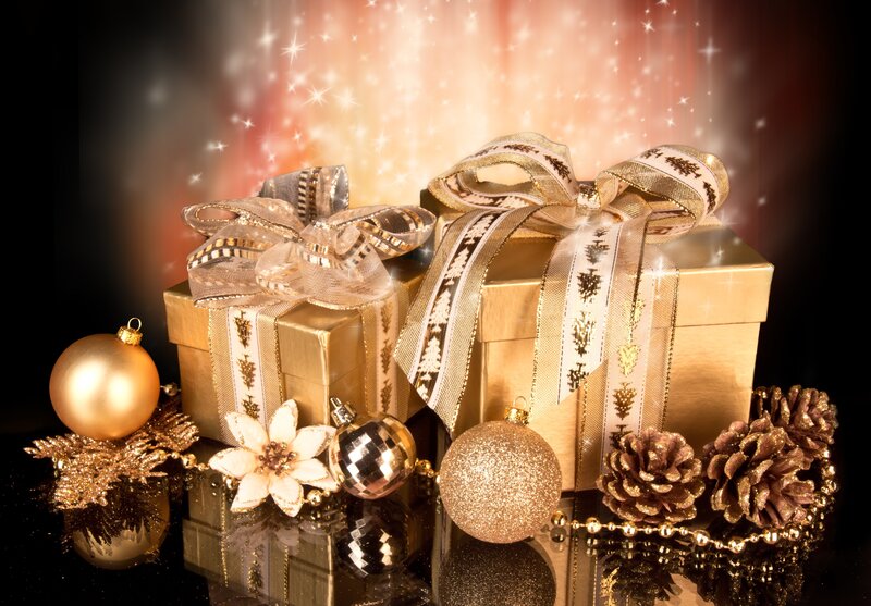Gold Gift Boxes — Festive, Winter, Photograph