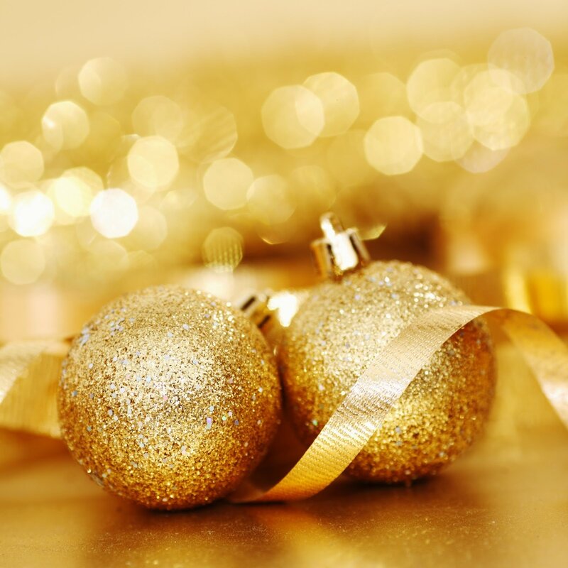 Gold Glitter Ornaments — Festive, Photograph, Ribbons, Bokeh
