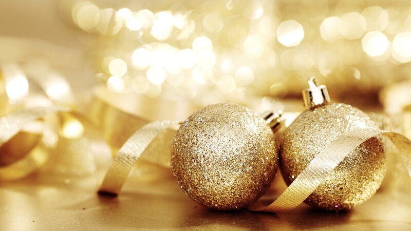 Gold Glitter Ornaments — Festive, Photograph, Ribbons